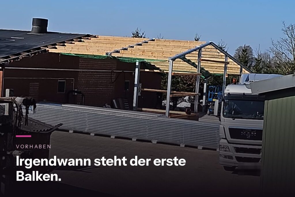 Neuer Dachstuhl auf einem umgebauten Stallgebäude während der Bauphase